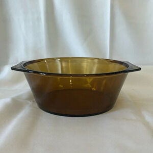 VTG 1970s Arcopal France Smokey Yellow Glass Round Bakeware Serving Dish Handles